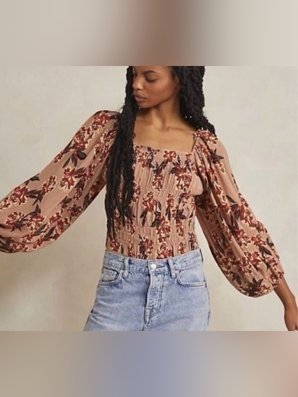 Free People Blush Peach Floral Smocked Square-Neck Top